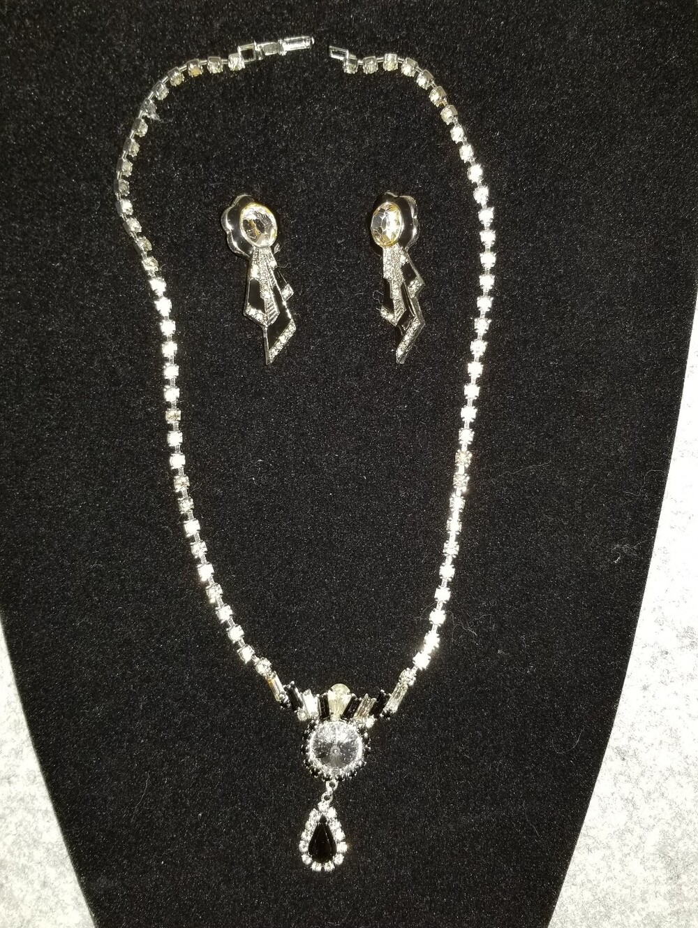 Vintage 1990's Art Deco Black Enamel Clear & Jet Black Rhinestone Jewelry Set